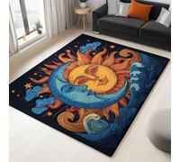 Washable Rugs 90 x 150 cm Retro Celestial Sun Moon Stars Clouds Non-slip Area Rug for Living Room, Black Soft Low-Pile Carpet for Under Dining Table