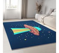 Washable Rugs Cartoon Style Earth Spaceship 160 x 230 cm - Durable Easy Clean Print Carpet Non-Slip Rugs for Bedroom Dining Room, Home Office, Dark Blue Carpets Living Room