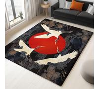 Washable Rugs Living Room 120x170 cm Japanese Landscape Red Sun Immortal Bird Soft Short Pile Rug, Non Slip Accent Area Rug for Bedroom Dining Room, Kitchen, Office Bathroom, Brown Black Carpet
