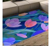 Washable Rugs Living Room 180x270cm Boho Floral Blue Rug Vibrant Pink Purple Flowers on Deep Blue Background Floor Mat Abstract Geometric Floral Pattern Area Rug Low Pile Non-slip Carpet for Kitchen