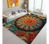 Washable Rugs Living Room Area Rugs, Mystical Mandala Lines Floral Elements Printed Non Slip Carpet, Gray-Green Rugs Short Pile for Bedroom Dining Room Kitchen Soft Faux Wool Rug 60 x 90 cm