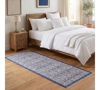 Washable Runner Blue Floral Block Print Handwoven Cotton Rug 3x16 ft | Boho Handmade Cotton Indian Dhurrie Flatweave Rug Thick 0.19" Large Space Farmhouse Hallway Laundry Indoor Large Area Rug