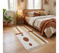 Washable Runner Geometric Yellow Block Print Handwoven Cotton Rug 2.7x16 ft | Boho Flatweave Rug Handmade Cotton Indian Dhurrie Thick 0.19" Large Space Hallway Laundry Farmhouse Indoor Large Area Rug