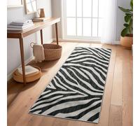 Washable Runner Rug For Hallway Contemporary Style Zebra Print Animal Texture 80X200 Cm Black, Non Slip Long Carpet For Corridor And Kitchen, Low Pile Soft Microfiber, Modern Home Decor