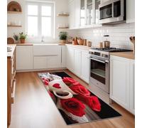 Washable Runner Rug For Hallway Love Theme Roses Hearts 80X240 Cm Red, Non Slip Long Carpet For Corridor And Kitchen, Low Pile Soft Microfiber, Modern Home Decor Durable Design