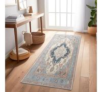 Washable Runner Rug For Hallway Moroccan Style Geometric Floral 80X200 Cm Blue, Non Slip Long Carpet For Corridor And Kitchen, Low Pile Soft Microfiber, Modern Home Decor Durable Design
