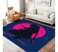 Washable Samurai Sunset Rugs for Living Room, Square Rugs 200 X 200 cm, Japanese Knight Blue Pink Design Area Rug Bedroom Decor, Non Slip Low Pile Soft Floor Carpet