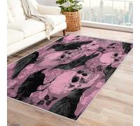 Washable Skull Crow Rugs for Entryway, Flower Leaf Black Pink Design Small Area Rug Bedroom Decor, Non Slip Low Pile Soft Indoor Door Mat, 40 x 60 cm