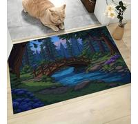 Washable Small Rug, Healing Forest Scenery Non Slip Door Mat, 80x120cm Moonlit Night Stream Small Bridge, Soft Low Pile Rug, Rubber Backing, Stain & Fade Resistant, for Kitchen Bathroom Entrance