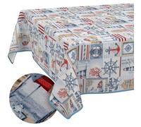 Washable Tablecloth, Lotus Effect, Easy Care, Made of Cotton, Polyester, Dirt-Repellent, Outdoor Garden Tablecloth, Maritime, 100 x 140 cm, with Piping Ribbon