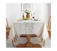 Washable Tablecloth, Tablecloth Rustic Embroidery Tablecloths Cotton Linen Pattern Rectangle Table Covers for Kitchen Living Room Decor(Green Flower,100x140cm 1pc)