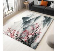 Washable Traditional Chinese Flowers Peach Blossoms Rug with Durable Edge Binding, Quality Dark Gray Printed Carpet for Living Room, Indoor Outdoor Low-Pile Rugs 120 x 170 cm