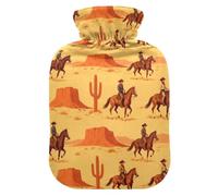 Washable Velvet Cover Heat Retention Warm Water Bag for Cold Winter | 95 Polyester 5 Spandex Velvet Cover Hot Water Bottle Menstrual Discomfort Ease Western Cowboy Horse Desert