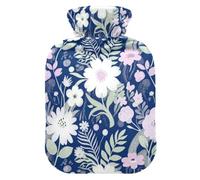 Washable Velvet Cover Heat Retention Warm Water Bag for Cold Winter | Detachable Separable Outer Sleeve Hand Warmer Bag Menstrual Discomfort Ease Blue and Blush Flower Art