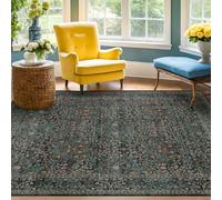 Washable Vintage 5x8 Living Room Rug, Dark Green Floral Area Rug for Bedroom Under Bed, Dining Room Under Small Dining Table, Office - Oriental Low Pile Non Slip & Stain Resistance (5x8 Dark Green)