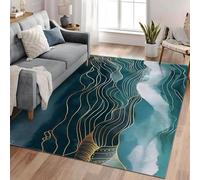 Washable Watercolor Dark Teal And Gold Line Wave Stripes Area Rug - Soft Faux Short Pile, Non-Slip, Non-Shedding - Chinese art abstract style for Living Room, Bedroom, Dining Room - Easy Care
