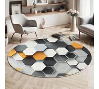 Washable White Round Area Rug 160cm, Soft Fluffy Modern Three-Dimensional Style Circle Carpet, Abstract Hexagon Printed Low Pile Non Slip Floor Round Rugs, for Entryway Living Room Bedroom