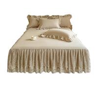 Washed Cotton Ruffle Bed Skirt Set3pcs 59" 79" Adjustable 42cm Drop Elastic Band Total Coverage Lace Trim Elegant & Durable Bed Cover for Bedroom Decor