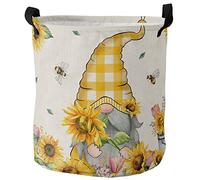 Washing Bin Spring Summer Bee Gnome Sunflower Bumble Bee Yellow Plaid Collapsible Storage Bin Waterproof Hamper Basket 34X42Cm For Room Décor Bedroom Dormitory