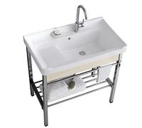 Washing Sinksstainless Steel Stand Alone Sink Single Bowl Utility Sink Standing Porcelain Vessel Basin Rectangle With Stainless Steel Metal Legs Stand For,White-80Cm/31In-White-100cm/39in