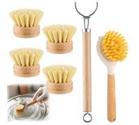 Washing Up Brush, Bamboo Dish Brush Set of 6, Wooden Dish Brush for Kitchen Cleaning, Dish Scrubbing Brush for Tough Grease Removal, Eco Dish Brush with Wooden Handle, Kitchen Brushes for Daily Use