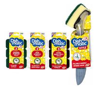 Washing Up Sponge Handle Set with 9 Refills Fillable Liquid Dispensing Cleaning Brush with General Purpose, Non Scratch and Extra Heavy Duty Scourer Pads for Pots Pans and Crockery