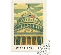 Washington D.C. Capitol Building Illustration Travel Puzzle 1000 Pieces, Global Monument Landscape, Thick Cardboard Pieces, Screen-Free Fun for Puzzle Lovers, Family Night Game, 38x26cm/1000pcs