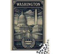 Washington D.C. Monument Illustration Jigsaw Puzzle 1000 Pieces, Retro Travel Poster Artwork, Premium Paper Puzzle for Home Décor Fans, Mindful Activity, Paper Board, 38x26cm/1000pcs