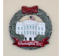 Washington DC White House 3D Christmas Wreath Magnet - Hand-Painted Polyresin Holiday Souvenir | Festive Washington D.C. Decor, 3.25" White House Green Wreath