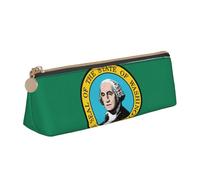 Washington Flag Print Stylish High-Capacity Leather Pencil Case Zippered Triangle Pouch Pens Boys Girls
