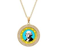 Washington State State Flag Round Pendant Necklaces for Women Alloy Rhinestone Jewelry Custom Picture Necklace