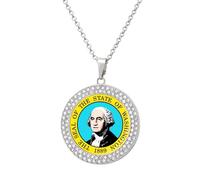 Washington State State Flag Round Pendant Necklaces for Women Alloy Rhinestone Jewelry Custom Picture Necklace