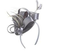 Washranp Elastic Band Headpiece Vintage Style Hair Hoop Fascinator Hat with Clip-on Faux Feather Ribbon Decor Women's Satin Fabric Headband Silver Gray