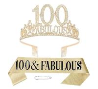 Wasise 100th Birthday Gifts for Women - Birthday Sash and Tiara, Diamond Gold Crown Women, Personalised Sash, 100 & Fabulous Celebrations Decorations, Headband Etiquette Crown Shoulder Strap Set