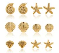 Wasise 6PCS Gold Starfish Earrings Seashell Stud Set Summer Beach Jewellery | BBC Texture, Ocean Jewelry, Boho Eardrop for Women, Gifts for Birthday, Graduation, Valentine's Day, Christmas, Anniversary