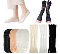 Wasise 6PCS Lace Tabi Socks and No Show Socks for Women, Breathable Nylon | Japanese Toes Separated Mesh Slouch Sock with Ruffle for Flip Flop, Boat Socks for Loafers flats, casual daily styling