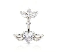 Wasise Belly Button Bars - Heart Zircon Belly Piercings WIth Wing, Floating Navel Piercing Jewelrues, Dangly Abdomen Button Rings for Women, Long Dangle Navel Jewellery, Dangle Nipple Bar with Petal
