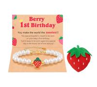 Wasise Berry First Birthday - 1st Birthday Gifts for Girls with Pearl Bracelet and Plush Brooch, Adjustable Size Baby Bracelets for Girls, Sweet Strawberry Gifts for Daughter Niece Granddaughter