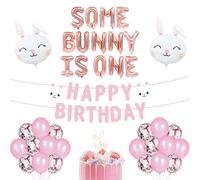Wasise Bunny Birthday Decorations - ‘some Bunny Is One’ Themed Party, Happy 1st Birthday Banner, Rabbit and Rose Gold Letter Foil Balloons Set, Rabbit Ears 'one' Cake Wooden Insert Card Supplies