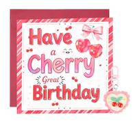 Wasise Cherry Themed Gifts - Sweet Cherry Birthday Card with Keychaiz, Have a Cherry Great Birthday Card Set, Inspired Presentsfor Women, Fun and Cute Greeting Cards for Family Friends