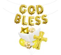 Wasise Christening Decorations - God Bless Banner, Dove Baptism Decorations, Foil Letter Cross Balloon, Baby Christening Banners, Holy Communion Balloons Gold, 1st Holy Communion Decor for Boy Girl