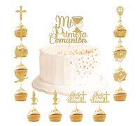 Wasise Cross Cake Topper - 13PCS Confirmation Cake Topper, Gold Glitter Cross and Cupcake Toppers, First Holy Communion Cakes Toppers,Acrylic Gold Baptism Cakes Decoration Cross Dove God Bless Leaves