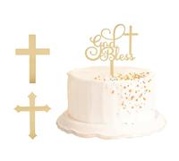 Wasise Cross Cake Topper - 3PCS Baptism Cake Topper, Cross Religious God Bless Cakes, Golden Glitter First Communion Cake for Communion Christening Confirmation Religious Baptism Shower Party Supplies
