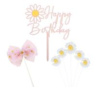 Wasise Daisy Cake Decorations - Flower Cake Decorations, Pink Daisy Birthday Theme Party Decoration, Pink Bow Birthday Cakes Acrylic Toppers for Women and Girl, Wedding and Tea Party Boho Toppers