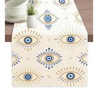 Wasise Evil Eye Decorations - 33 X183CM Flax Evil Eye Tablecloth, Protective Evil Eye Decor for Home, Blue Themed Party Supplies, Occult Symbol Rectangular Tablecloth for Event Wedding Banquet Party