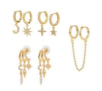Wasise Gold Huggie Earrings - Earrings for Women, Gold Plated Dangly Earring, Moon Star Celestial Dangle and Chain Link Set, Multi-Piercing Stacking Hoops with Secure Clasp,Drop Chain Illusion Earring