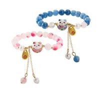 Wasise Good Luck Bracelet - 2 PCS Pink Blue Maneki Neko Cat Charm Bracelets for Women, Adjustable Japanese Crystal Jewelry for Daily Beach Vacation, Cute Cat Ceramic Pendant, Lucky Gift to Couple Kids