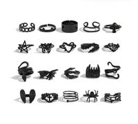 Wasise Goth Rings - 20PCS Black Ring, Grunge Rings for Women and Men, Emo Rings with Snake Bat Spider Designs, Adjustable Stacking Ring Gothic Jewelry, Y2K Open Black Punk Finger Accessories