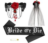 Wasise Gothic Bride Sash - 3PCS Gothic Bridal Accessories, Halloween Brides Accessories, Stag Party Accessorie, Black Lace Veil, Lace Necklace, Hen Party Decorations, Goth Bride to Be Sash Set