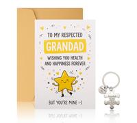 Wasise Grandad Birthday Card and Keepsake Keychain Set - Dancing Star Greeting Card, Engraved Keyring with Heartfelt Wish, Happy Birthday Grandpa Gift from Grandchildren for Fathers Day, Gold Envelope